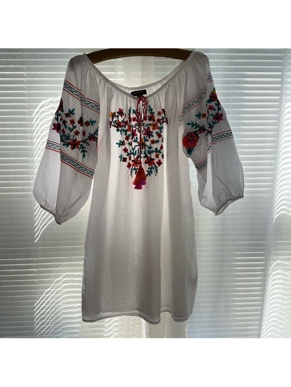 PRIMARK M White Embroidered Floral Beach Cover Up Quarter Sleeve Cotton Tunic